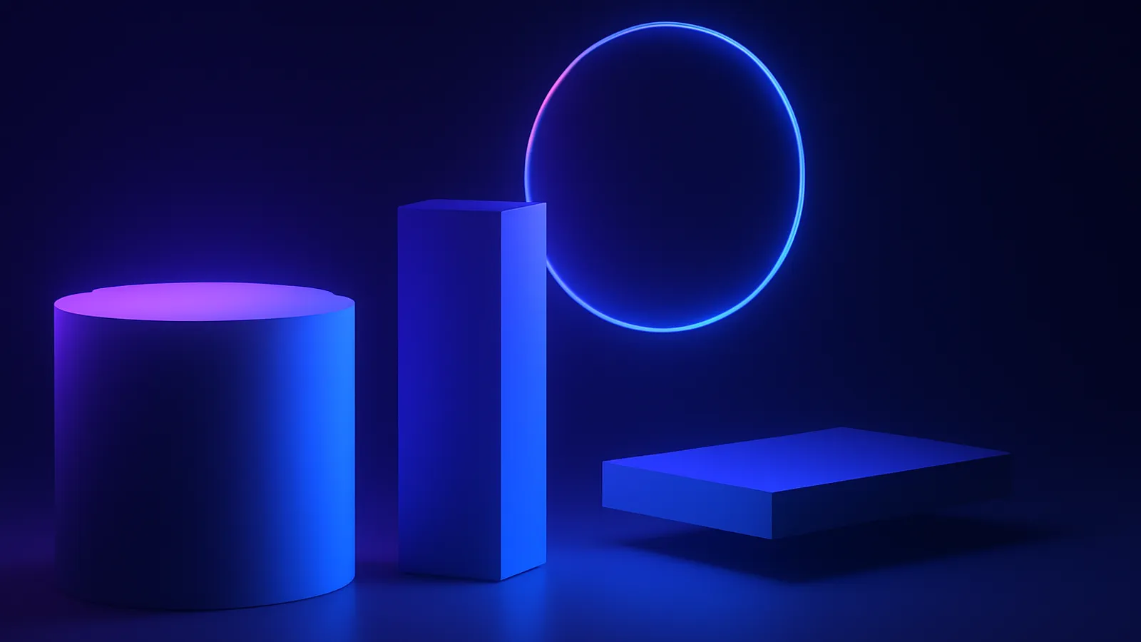 Imagen abstracta y editorial con formas geométricas y brillo sutil violeta a azul eléctrico, representando la comparación entre n8n, Make y Zapier para agencias de marketing